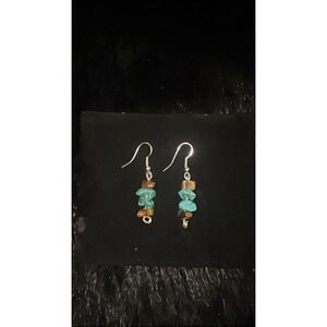 Turquoise and Tigers Eye Dangle Earrings Silver Plated Tone Boho Chip Stone Hook
